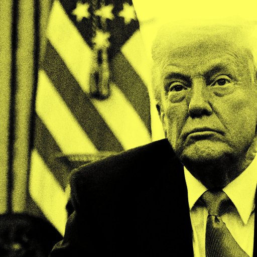 A man in a suit sits in front of American flags, his face partially shadowed and filtered in yellow tones.