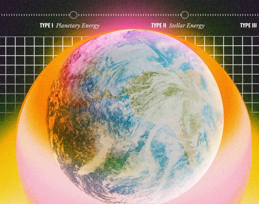 Illustration of Earth overlaid with a grid and energy types from the Kardashev Scale: Type I, II, and III, representing planetary, stellar, and galactic energy usage.