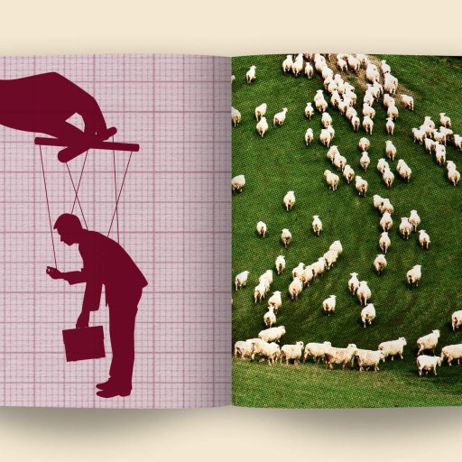 An open book reveals the art of smart manipulation: on the left page, a marionette illustration dances gracefully, while on the right, a flock of sheep grazes peacefully in a sunlit field.