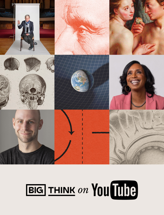 A collage of portraits, anatomical drawings, a close-up of two people, an image of Earth, and the text “Big Think on YouTube” at the bottom.