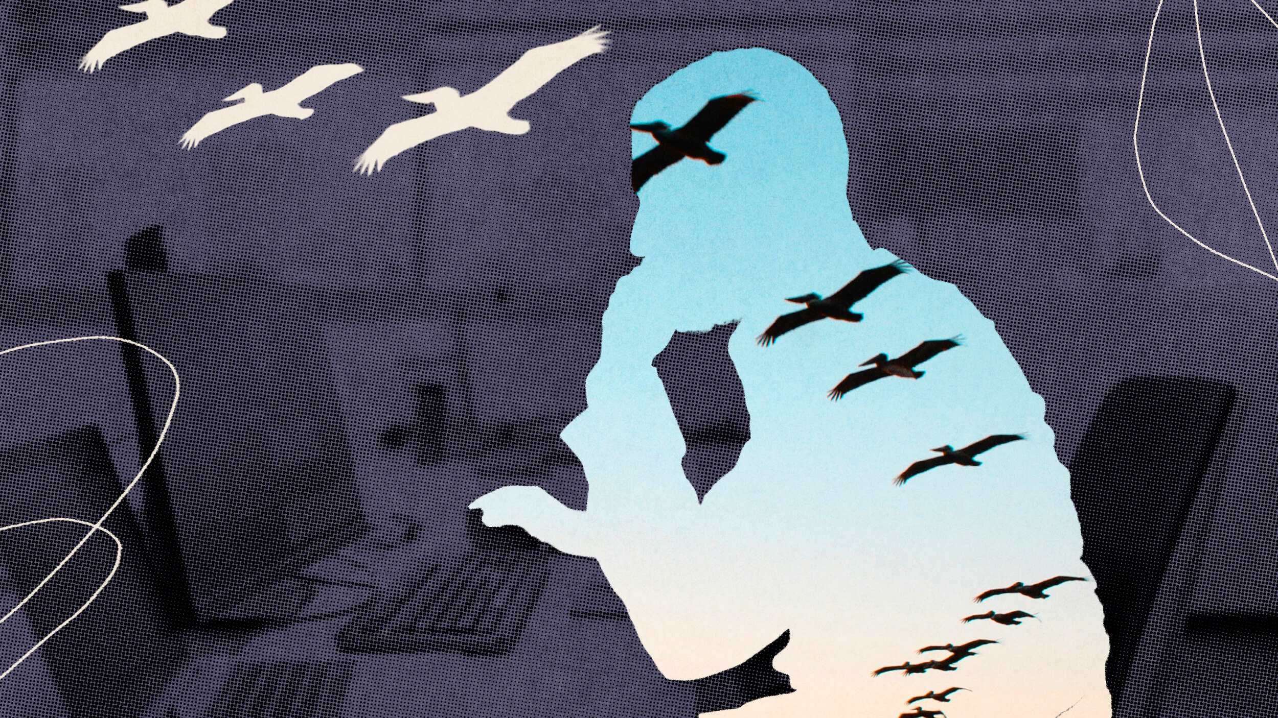 A silhouette of a person thinking is filled with an image of birds soaring in the sky, layered over a dark, blurred office background.