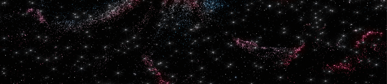 A field of stars and colorful cosmic dust clouds scattered across the dark expanse of space.