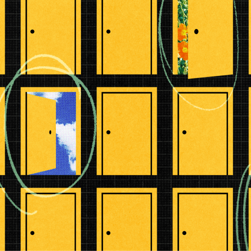 A grid of closed yellow doors, with a few open ones revealing blue sky, a floral pattern, and handwritten text—reminding us how small habits make a big difference. Pale green circles highlight the open doors.