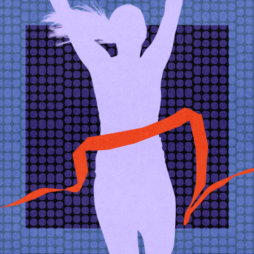 Silhouette of a person crossing a red finish line with arms raised, set against a blue and purple dotted background.