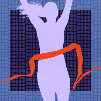 Silhouette of a person crossing a red finish line with arms raised, set against a blue and purple dotted background.