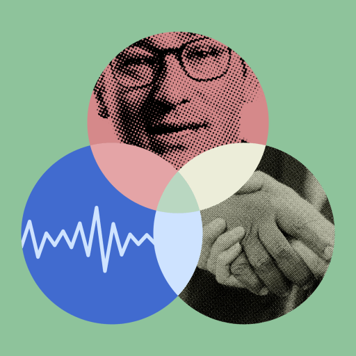 A Venn diagram with three overlapping circles showing a person's face, a handshake, and a waveform on a green background.