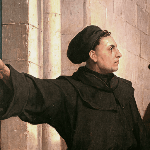 A man in historical clothing nails a document featuring a cartoon animal face—a nod to popular memes—to a wooden door, while two others watch.