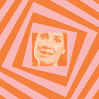 A woman's face in a sepia tone is centered within a square, surrounded by alternating orange and pink diagonal stripes forming a geometric pattern.