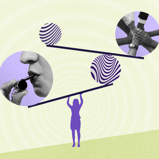 A silhouette holds a balance beam with circular images: one shows a person blowing a whistle, the other multiple hands stacked together, both on a light textured background.