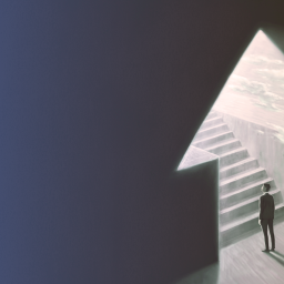 A person stands at the base of a staircase leading upward through an arrow-shaped opening filled with light and clouds.