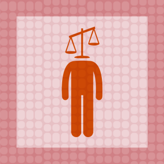 A red silhouette of a person with a balanced scale as a head, centered on a pink, patterned background.