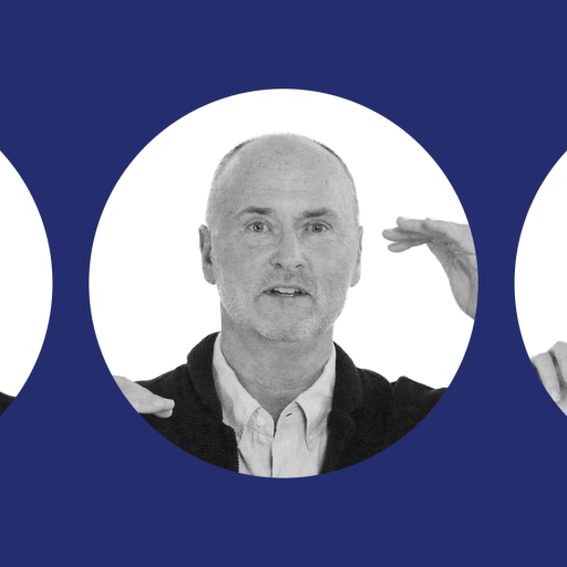 A man with short hair and a collared shirt gestures with his hands in three circular-cropped, black-and-white portraits on a blue background.
