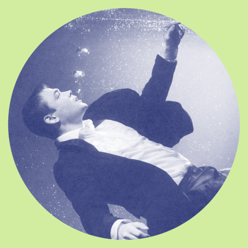 A man in a suit floats underwater, releasing bubbles. The words "WORK WISE" are written vertically on the right side against a light green background.