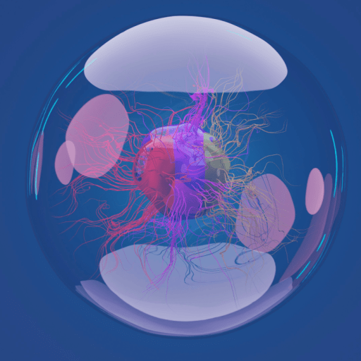 A digital rendering of a single cell with a translucent membrane, displaying colorful internal structures and filament-like extensions on a blue background.